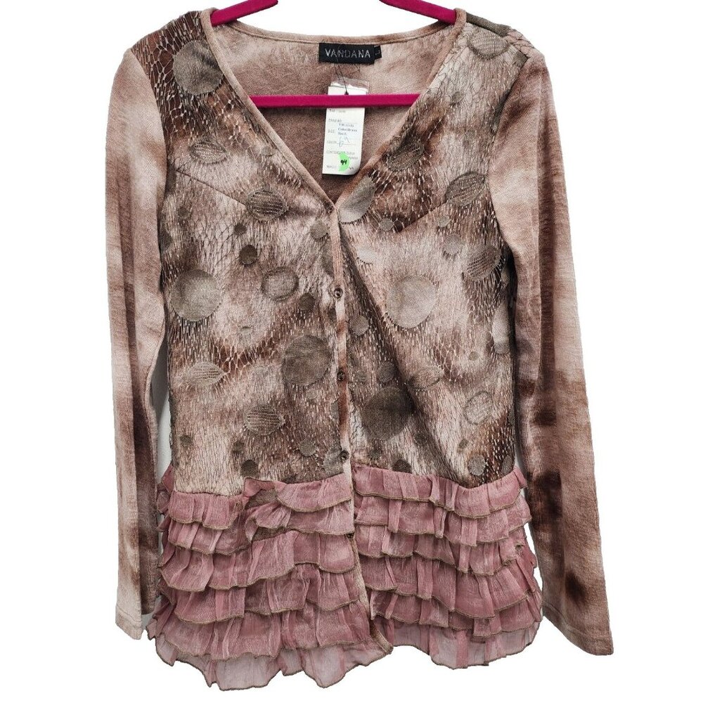 Vandana BOHO Fairy Top‎ Womens Large Brown Lace Ruffle Tie Dye Long sleeve New